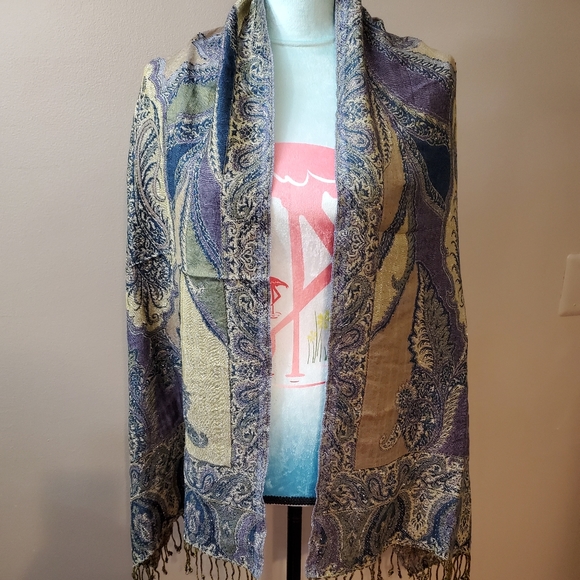 Beautiful artisan scarf wrap,golds,blues, - Picture 2 of 4